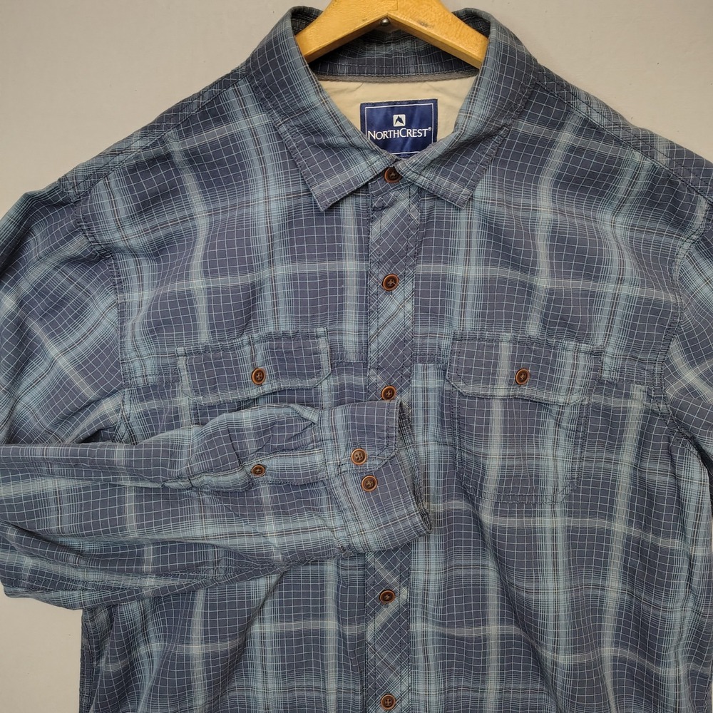 NorthCrest Men L Blue‎ Button Down Roll Tab Sleeve Plaid Cotton Woven Shirt